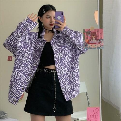 Jeans Jacket Women Pocket Lapel Long Sleeve Fashion Zebra Print Denim Jackets Coat Streetwear Loose Harajuku Jacket 2021 New