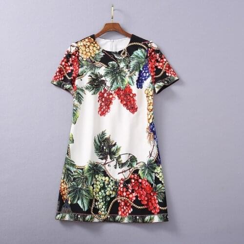 European and American womens clothing 2021 The new spring Short sleeve nail bead Grapes are printed Fashionable dress