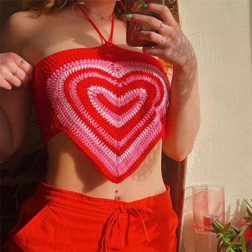 Y2K Halter Neck Camisole Crop Top Women Summer Heart Vest Sleeveless Beach Sundress Vintage Tunic Casual Backless Tank Tops