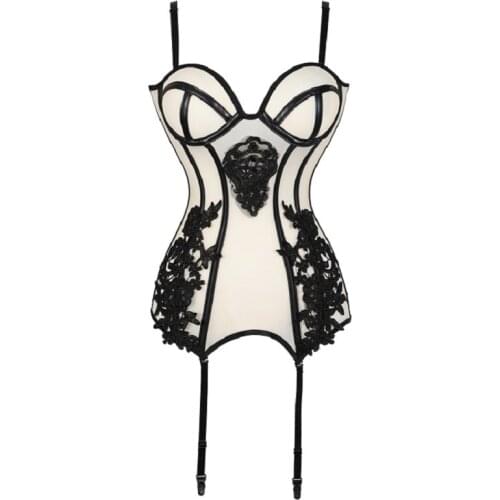 Women Sexy Corset Underwear Bra Lace Up Body Shaper Bustier Overbust Breathable Mesh Floral Waist Slim Lingerie Bodysuit Black