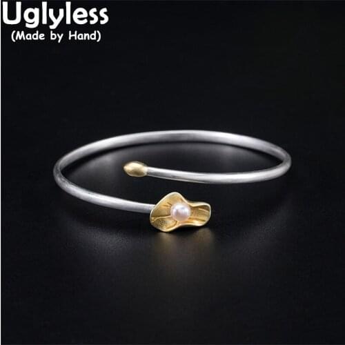 Uglyless Natural Pearls Lotus Leaf Bangles for Women Elegant Oriental Aesthetics Shy Lotus Bud Open Bangles 925 Silver Jewelry