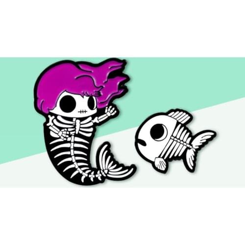 2pz/set Punk Purple Red Hair Youth Skeleton Mermaid Fish Animal Pins Fishbone Fish Gothic Halloween Badge Gifts For Friends