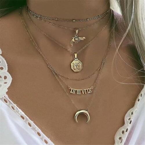2021 Boho Gold Pistol Horn Butterfly Coin Roman Numeral Pendant Necklace For Women Fashion Multilayer Chain Choker Jewelry Gift