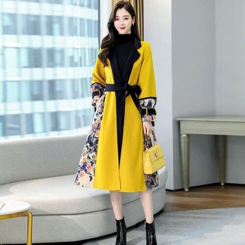 2021Winter Elegant Wool Coat Women Stitching flowers Korean Fashion Long Jacket Minimalist Woolen Overcoat Warm Oversize Outwear