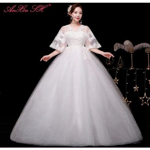 AnXin SH princess flower white lace ball gown wedding dress party vintage v neck half sleeve white lace up wedding dress