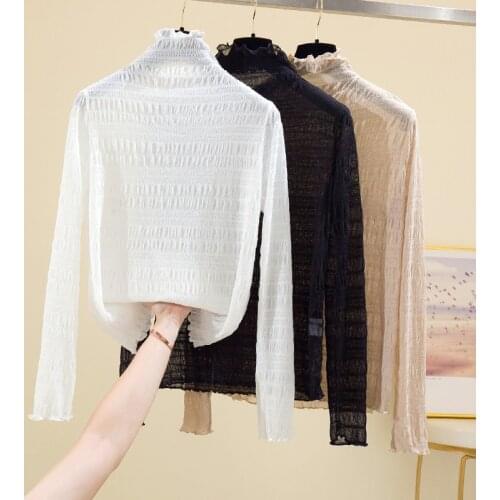 AOSSVIAO 2021 Long Sleeve Cotton Turtleneck Lace T Shirt Women Tops T-Shirt Korean Tee Shirt Femme Woman Clothes Black White