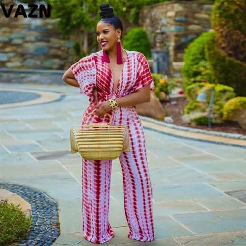 VAZN 2020 Shinny Night Party Rompers Plaid Print Jumpsuit Sexy Fashion Short Sleeve Loose Pants Office V-neck Jumpsuits
