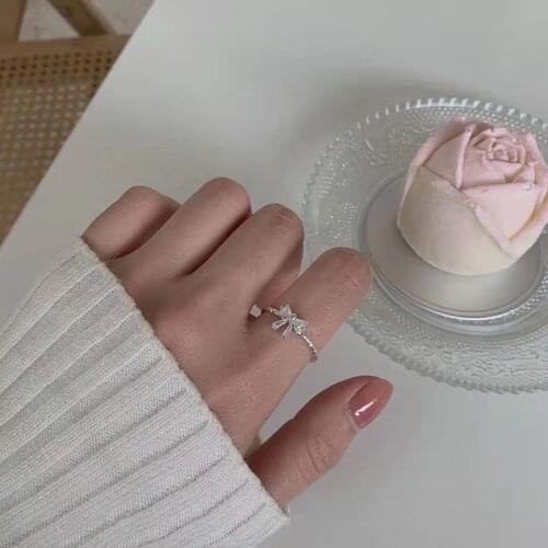 Brillian Korean Fashion Zircon Bowknot Woman Ring Adjustable Size Bride Wedding Friend Gift Jewelry Gift Decorations for Girls
