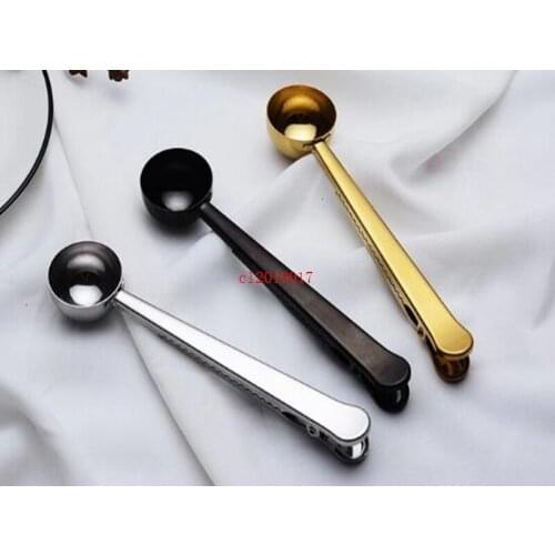 Quality Stainless Steel Ground Coffee Spoons Golden Measuring Scoop Spoon With Bag Seal Clip
