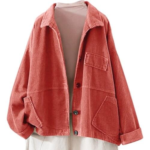 5XL Women Korean Coat Casual Solid Print Cardigan Corduroy Lapel Pocket Long Sleeve Long Coat Autumn Coats and Jackets Women