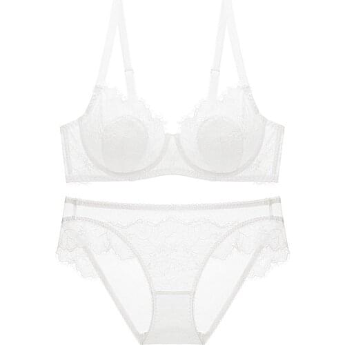 Sexy lingerie set plus size ultra thin ladies underwear big breasts show small lace bra set anti-bump dew point push up bra