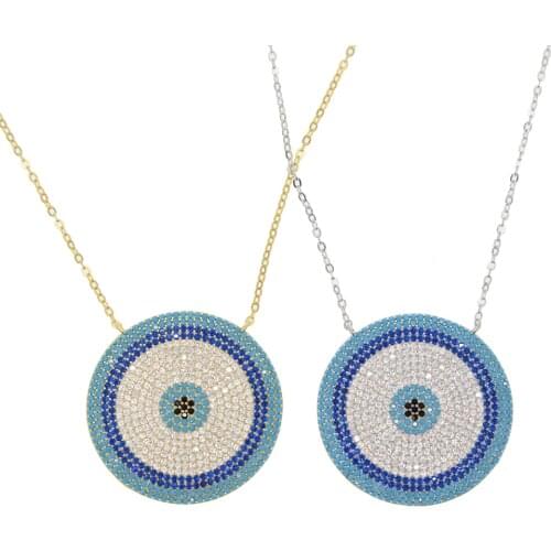 New arrival indian gold color big round eye charm pendant necklace with cz mirco paved big pendant necklace in 925 silver