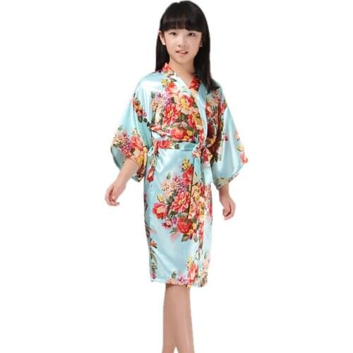 2-14Y New kids robes kimono bathrobes for girls child satin silk night gown purple flower sleepwear bridesmaid party robe 8color