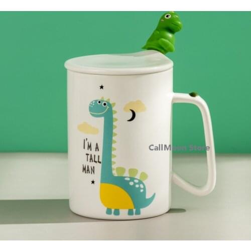 420ml Girl boy Gift Ceramic Cup Cartoon dinosaur Coffee Mug Creative Cute Couple Cup Milk Cup Office Cup with Lid Spoon