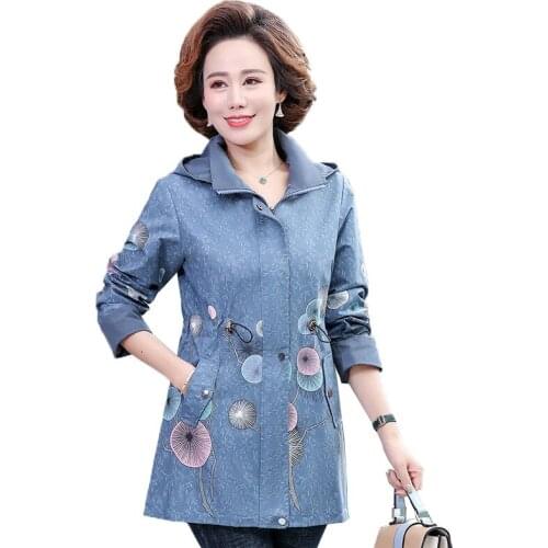 Plus Size Spring Autumn Women Jacket Coat Middle-aged Fashion Mid-length printing Windbreaker Female Casual Hooded Thin Jacket