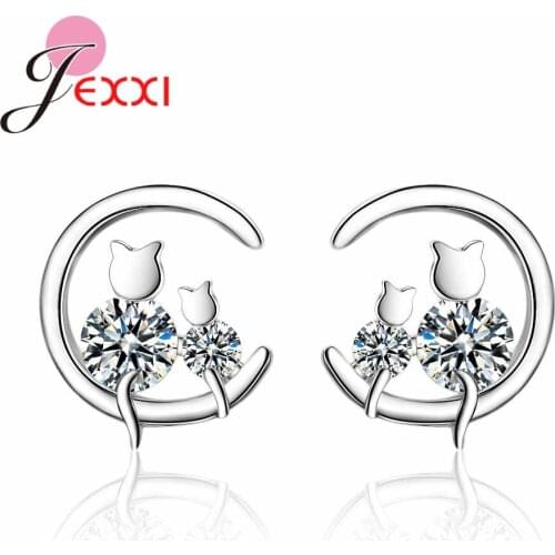 Fashion Cute Cat Animal Korean 925 Sterling Silver Piercing Stud Earrings For Women Cubic Zirconia Moon Christmas Jewelry Gift