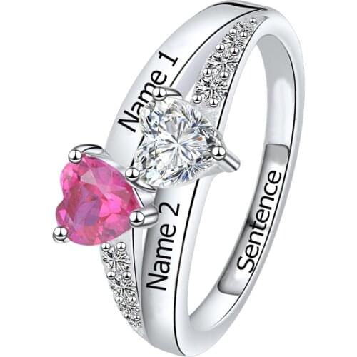 SG Personalized 925 Sterling Silver Rings Custom Heart Birthstone Ring With 2 Names Jewelry for Her Mother days Gift