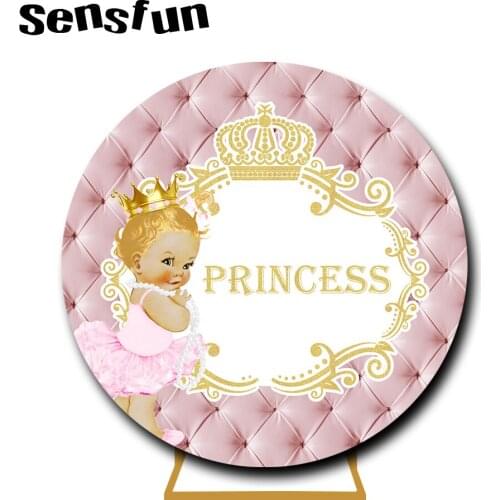 Sensfun Pink Gold Crown Headboard Round Backdrop Cover Gold Crown Girls Baby Shower 1st Birthday Party Photography Background