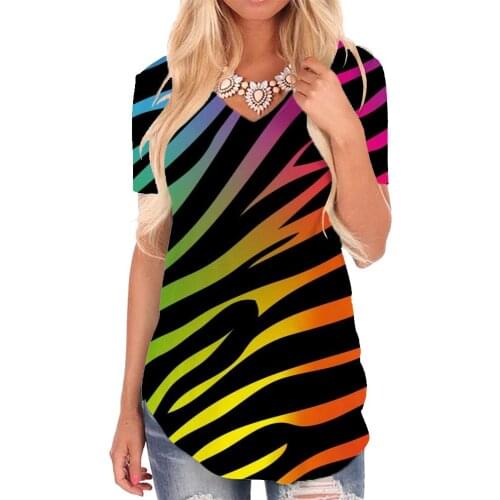 Giyu Brand Stripe T Shirt Women Zebra Shirt Print Colorful V-neck Tshirt Rainbow Funny T shirts Womens Clothing Summer Cool