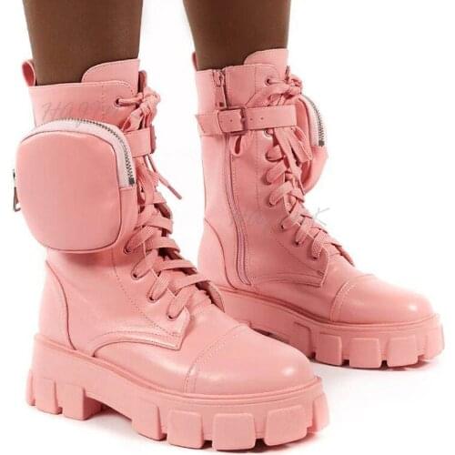 Women Boots 2020 Fashion Chunky Boots Pocket Platform Boots White Shoes For Women Autumn Winter Boots High Heels Botas Mujer