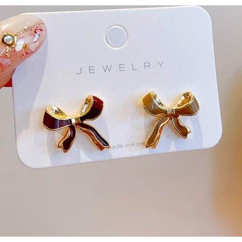 Trendy Bowknot Ear Studs Contact Color Enamel Glaze Women Stud Earrings Red Brown Cute Ear Jewelry Accessories Korean Fashion