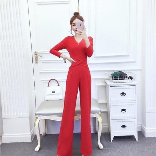 2021 Spring Autumn Women Fashion Temperament Solid Long Sleeve V-neck High Waist Casual Loose Wide-leg Trousers Jumpsuit Y675