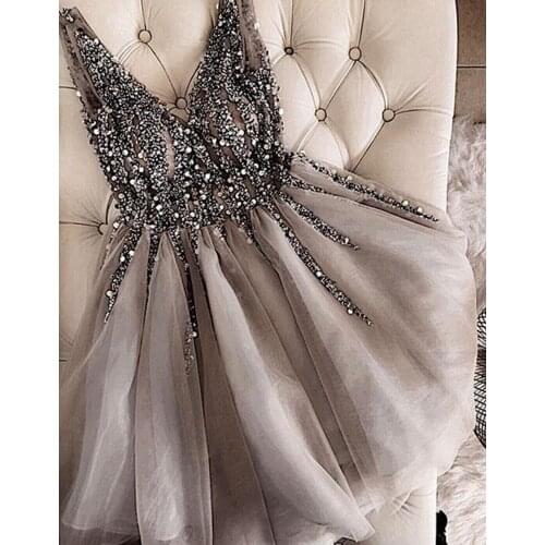 2021 V-Neck Sparkles Sequins Beading Tulle Short Prom Dresses Vestidos De Gala Women Graduation Gown Robe Gray Cocktail Dresses