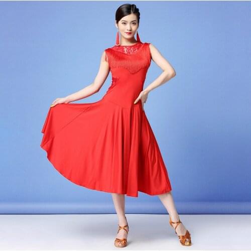 New Women Dance Clothes Salsa Samba Wear Front Fringes Class Dress Sleeveless Spandex Lace Irregular One-piece Latin Dresses