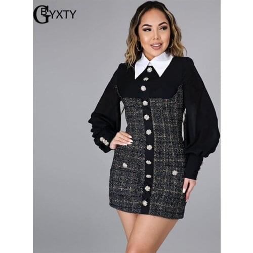 GBYXTY Ladies Elegant Plaid Patchwork Diamond Button Pencil Dress 2021 Women Turn Down Collar Long Sleeve Bodycon Dress ZL1066