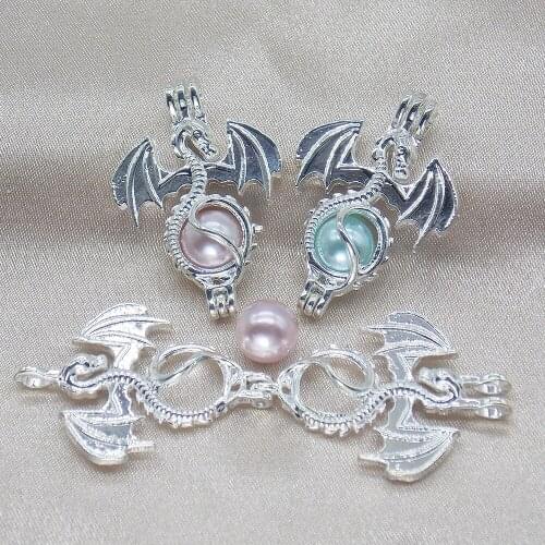 10pcs Bright Silver Flying Dragon Oyster Pearl Cage Jewelry Pendant Lockets for Perfume Essential Oil Diffuser Necklace Making
