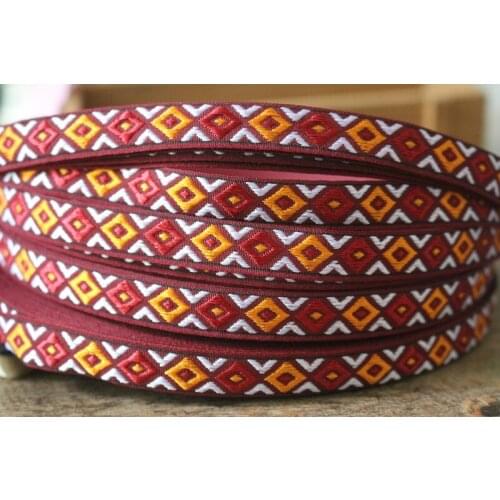 20yards/lots Woven Jacquard Ribbon 1.2cm red background multicolor Geometric quadrangle pattern IS-2731