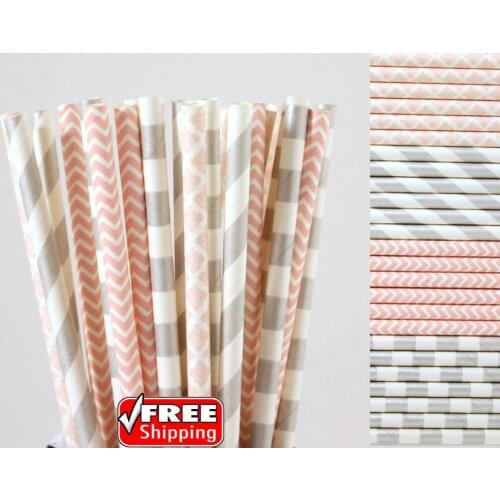 200pcs Mixed 4 Designs Light Pink and Silver Themed Paper Straws-Damask,Striped,Sailor Stripe Chevron Baby Shower Wedding Party