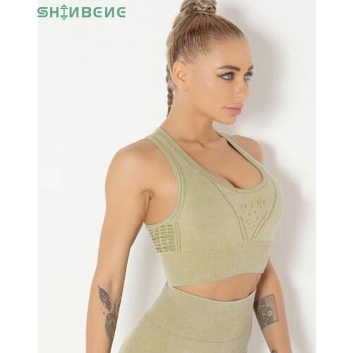 SHINBENE ACID WASHED Seamless Yoga Fitness Sport Gym Bras Women Anti-sweat Padded Holow Out Workout Exercise Athletic Brassiere