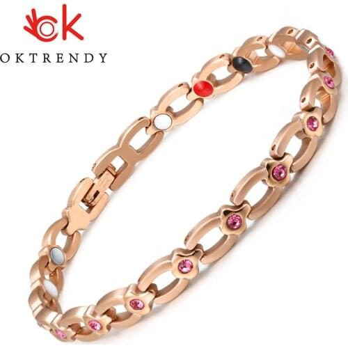 Crystal Gem Woman Bracelet Stainless Steel Health Energy Magnetic Rose Gold Fashion Jewelry Charm Bracelets & Bangles For Women