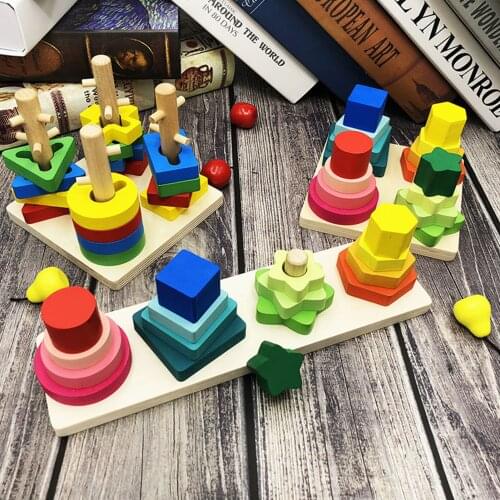 DIY Wooden Puzzles Building Block Montessori Toys Wood Educational Geometric Recognition Stack Sort Kids Early Education Toy