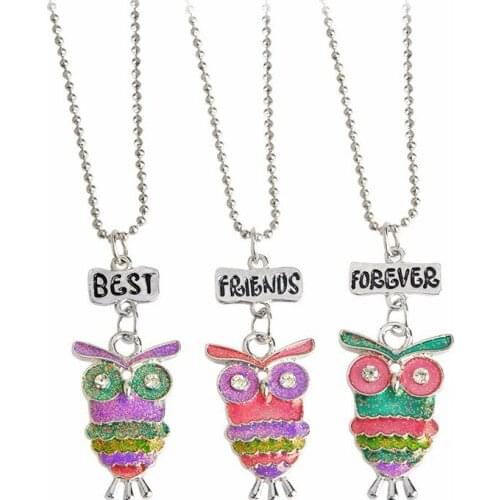 Children Best Friends Cute Glitter Colorful Rhinestone Owl Pendant BFF 3 Necklace Friendship Jewelry Gifts For Kids 3PCS/Set
