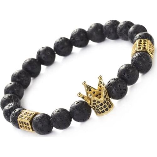 FYJS Unique Jewelry 4 Colors Crown Hexagon inlay Zircon Connect 8 mm Round Beads Black Lava Stone Elastic Bracelet