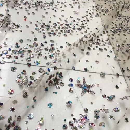 GLace 1Y/Lot Mesh Lace Fabric Bronzed Mesh Sequins Stars Spots Scattered Hot Stamping Mesh Fabric for Dress Stage Wear TX753