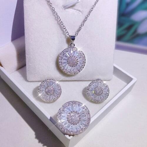 Bling Big Round Rings 925 Sterling Silver Earrings for Women Paved Zircon Stone Necklace Fashion Jewelry Set New Arrival