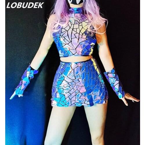 Bar Nightclub Laser Dance Costume Purple Blue Tops Shorts Set DJ Women Singer Dancer Performance Clothes Festival DS Stage Wear