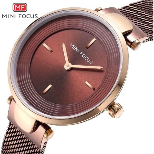 MINIFOCUS Brand 8 MM Ultra-Thin Quartz Watch Womens Brown Stainless steel Milan mesh belt Wristwatches Luxury Ladies Watch