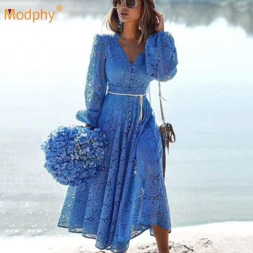 2021 Autumn New Embroidery Hollow Water-Soluble Flower Dress Sexy V-Neck Lantern Long Sleeve Club Party Lace-Up Mid-Length Dress