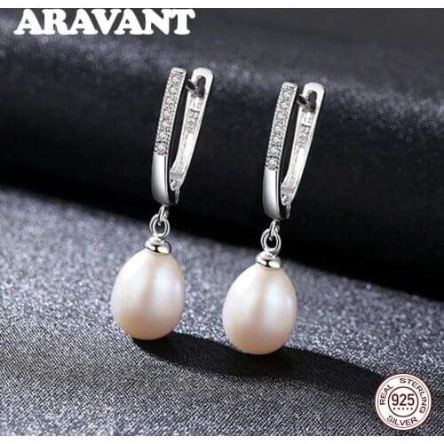 New Arrival 925 Sterling Silver Women Pearl Drop Earrings With White Cubic Zircon Wedding Pearl Jewelry