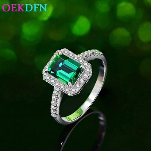 OEKDFN S925 Sterling Silver Ring For Women 6*8mm Created Emerald Gemstone Wedding Engagement Jewelry Women Cocktail Rings Bijoux