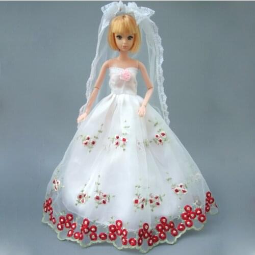Embroidery Gown white color full around lace dress for Barbie doll bride dress
