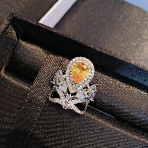 Luxury 925 Sterling Silver Wedding Bands Yellow Crystal Pear Zircon Crown Finger Rings Engagement Ring for Women Jewelry