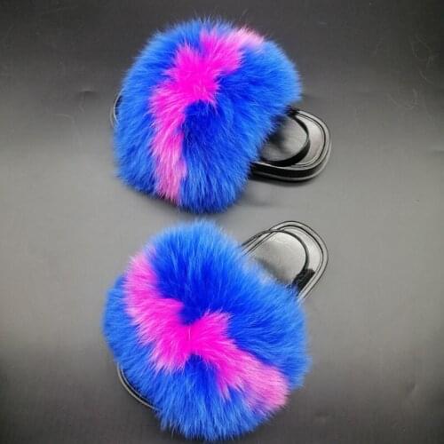 Fashion Children Amazing Fluffy Fur Shoes Kids Rainbow Fur Anti-slip PVC Flat Sandals Girl Heel Strap Lovely Plush Fur Slides
