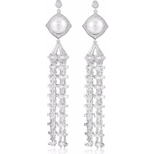 GrayBirds Ethnic Long Drop Tassels Earrings High Quality Clear Cubic Zirconia Pearl Lead And Nickel Free MLE075