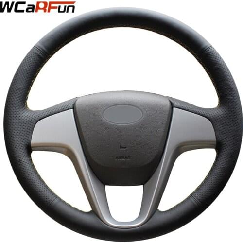 WCaRFun DIY Hand-Stitched Black Artificial Leather Car Steering Wheel Cover for Hyundai Solaris Verna i20 2008-2012 Accent
