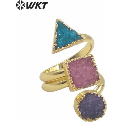 Hotsale! Different shape three loops semi-precious stone rings,druzy at gate lovely rings in free shipping WT-R120